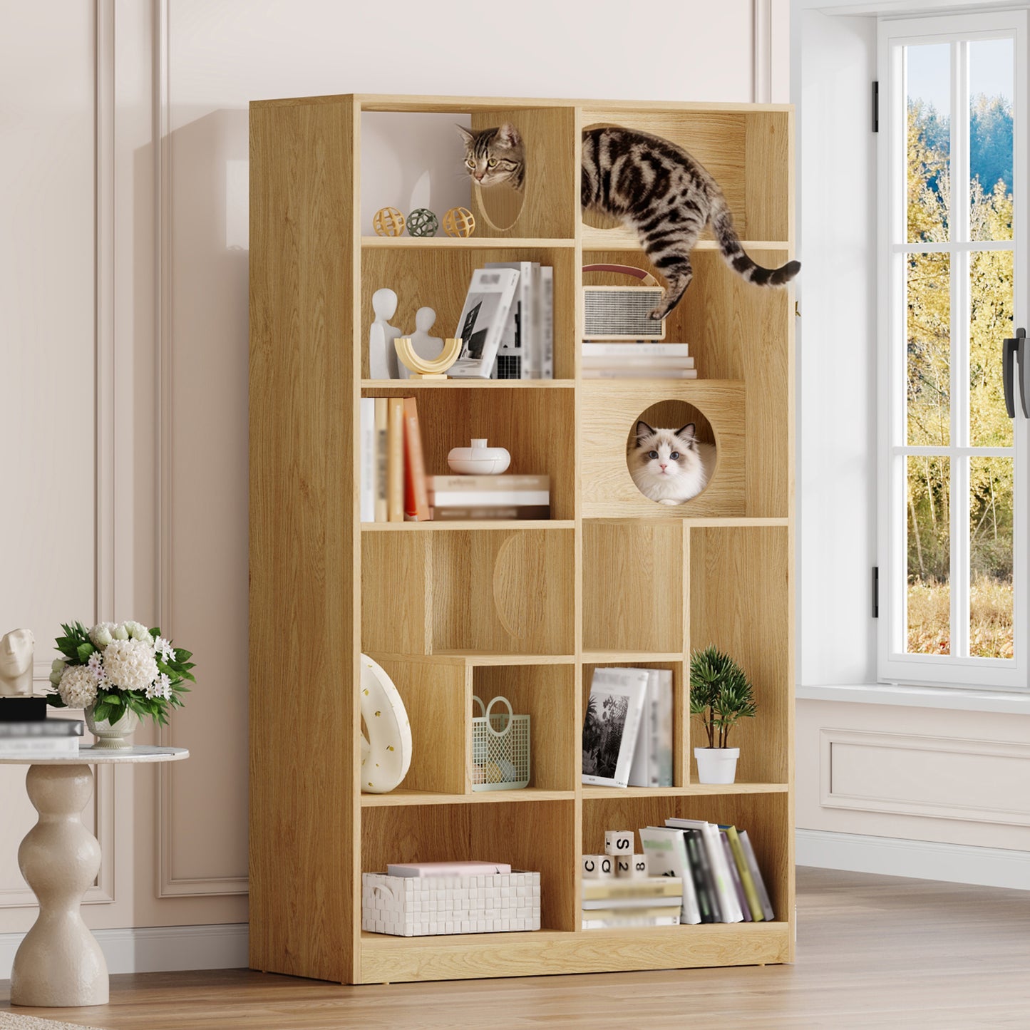 Modern 2 IN 1 Wood Bookshelf Cat House, Cat Tree Display Case with Storage, Cat Litter Box Enclosure Climbing Shelf