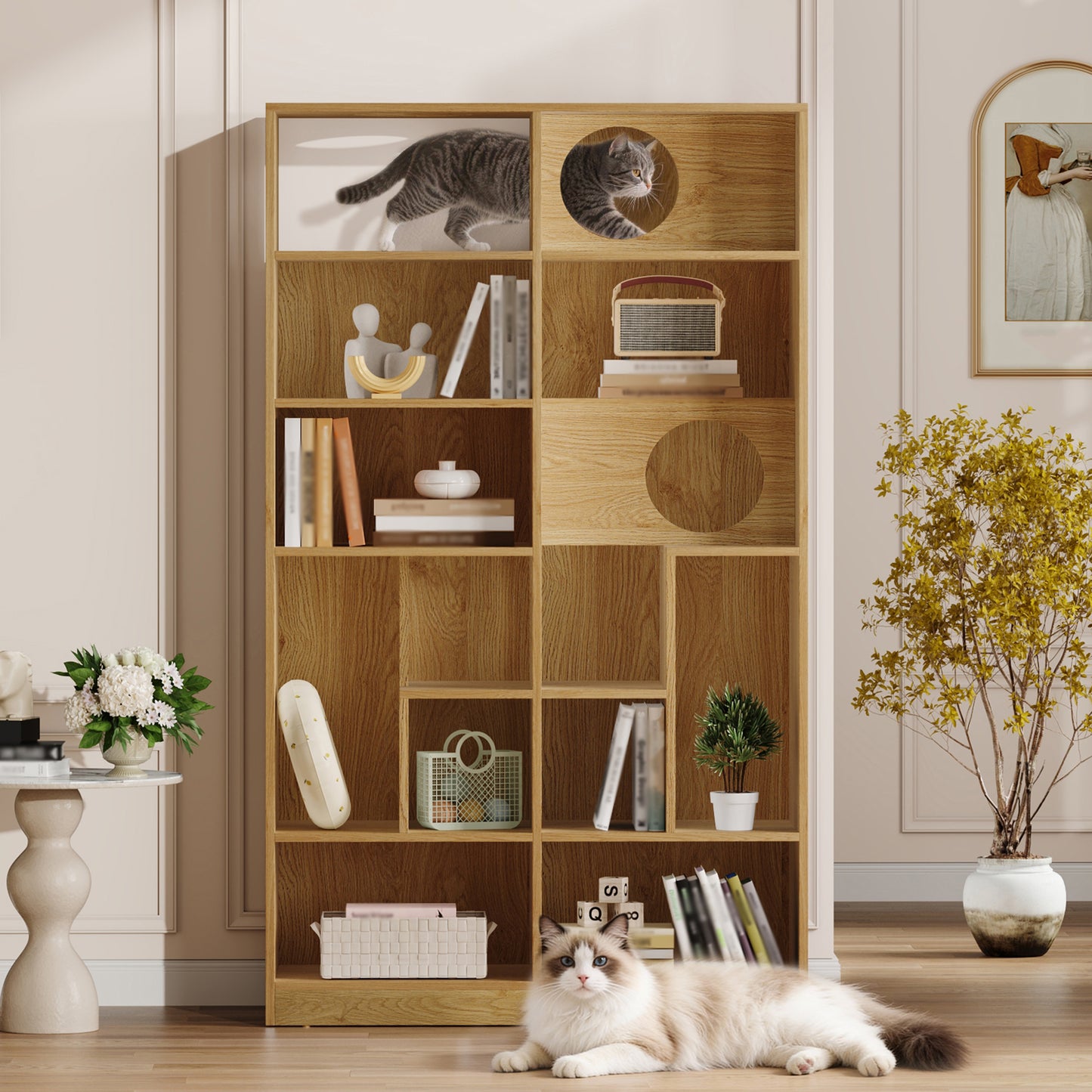 Modern 2 IN 1 Wood Bookshelf Cat House, Cat Tree Display Case with Storage, Cat Litter Box Enclosure Climbing Shelf