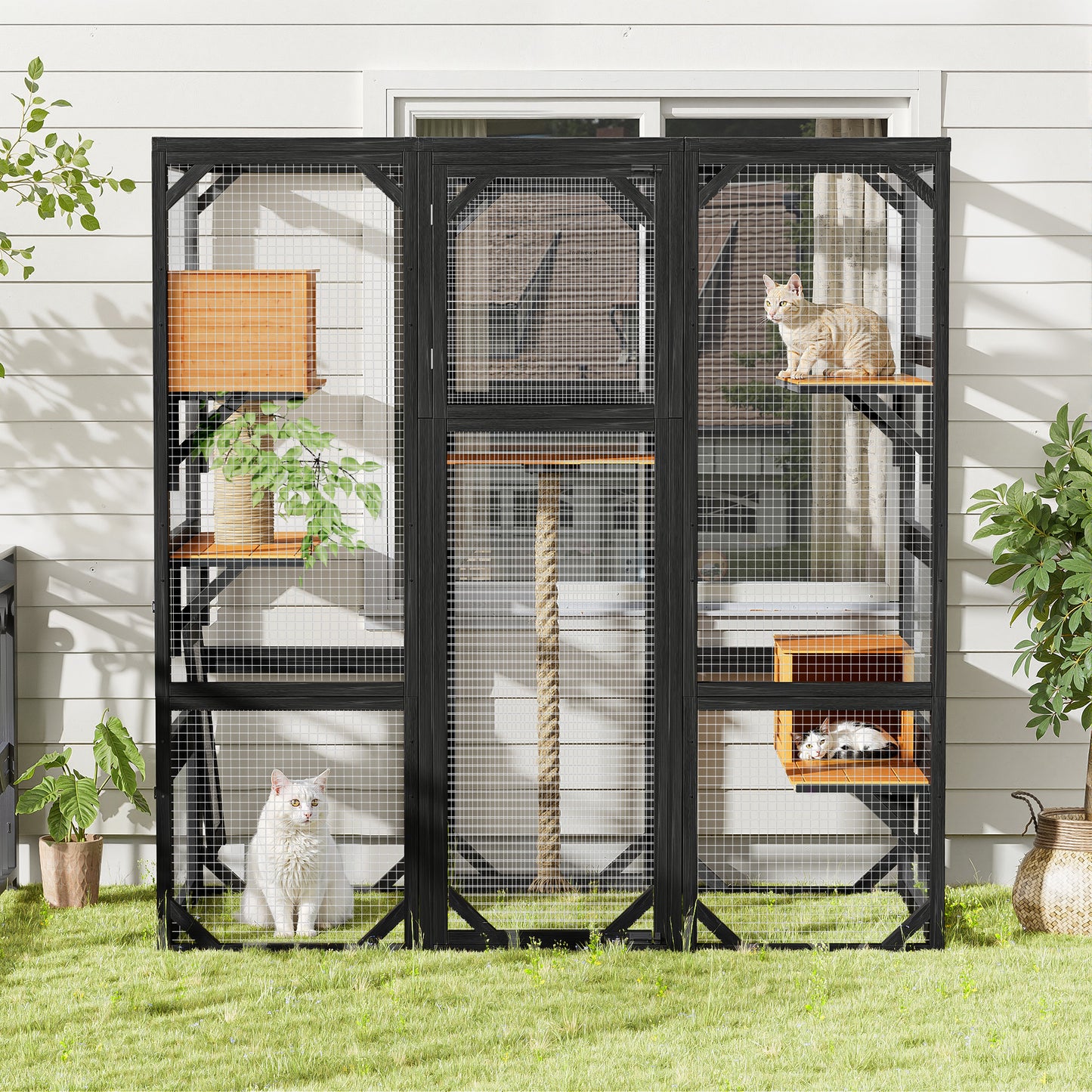 Outdoor Cat House, DIY Cat Enclosure, Cat Catio with Double Enter Doors, 62.8"L x 32.2"W x68.5"H Balcony Cat Playpen with Platforms and Two Condos for 1-3 Cats