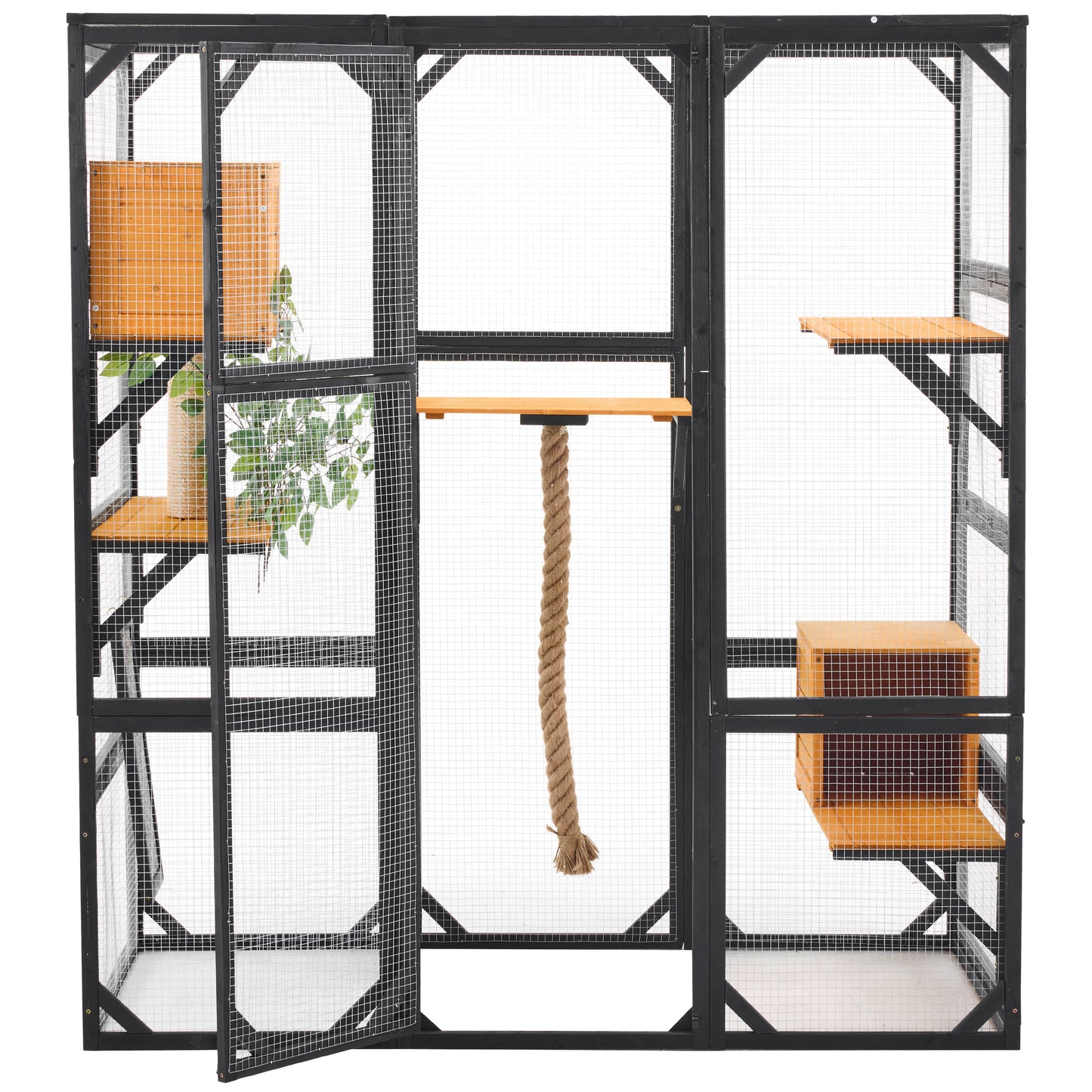 Outdoor Cat House, DIY Cat Enclosure, Cat Catio with Double Enter Doors, 62.8"L x 32.2"W x68.5"H Balcony Cat Playpen with Platforms and Two Condos for 1-3 Cats