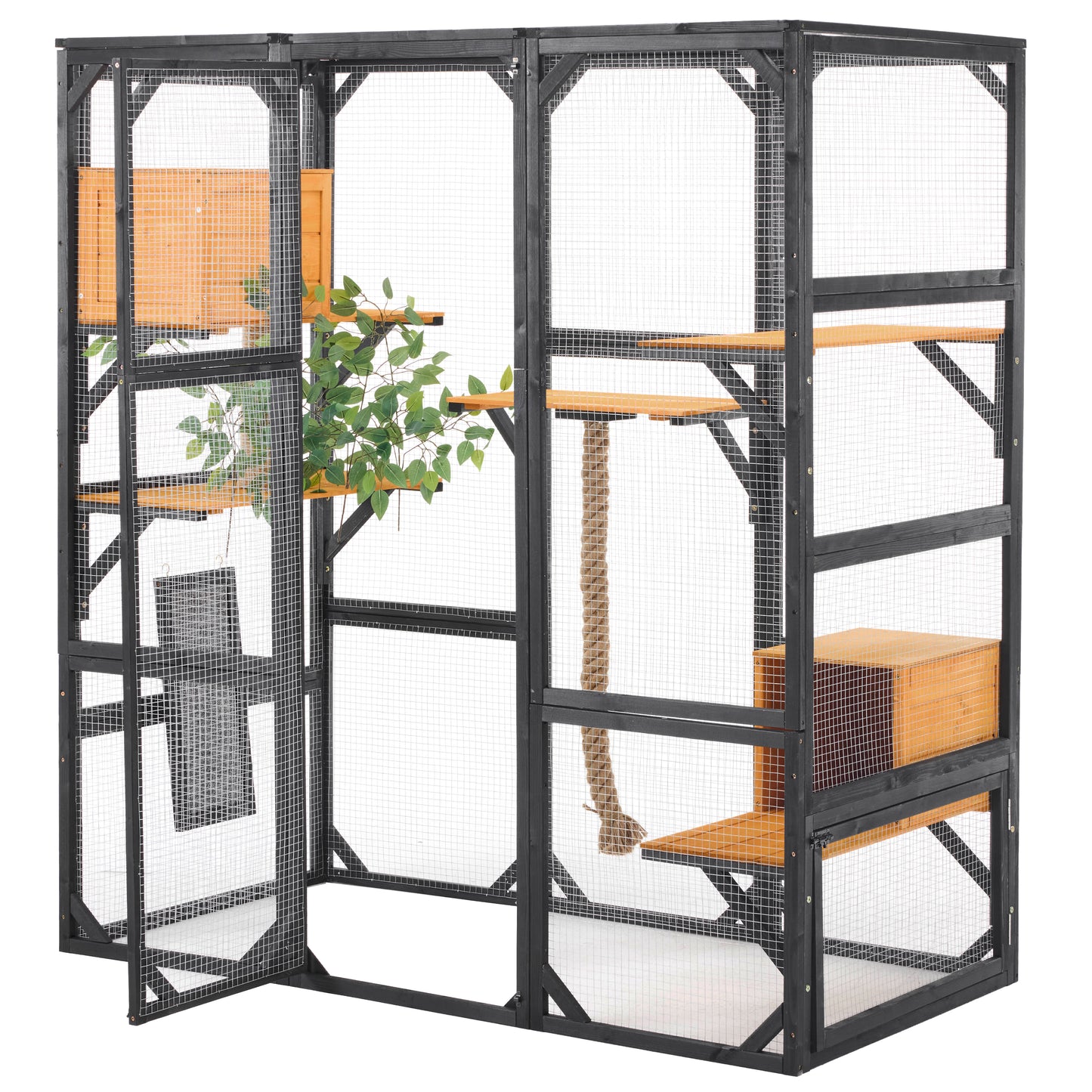 Outdoor Cat House, DIY Cat Enclosure, Cat Catio with Double Enter Doors, 62.8"L x 32.2"W x68.5"H Balcony Cat Playpen with Platforms and Two Condos for 1-3 Cats