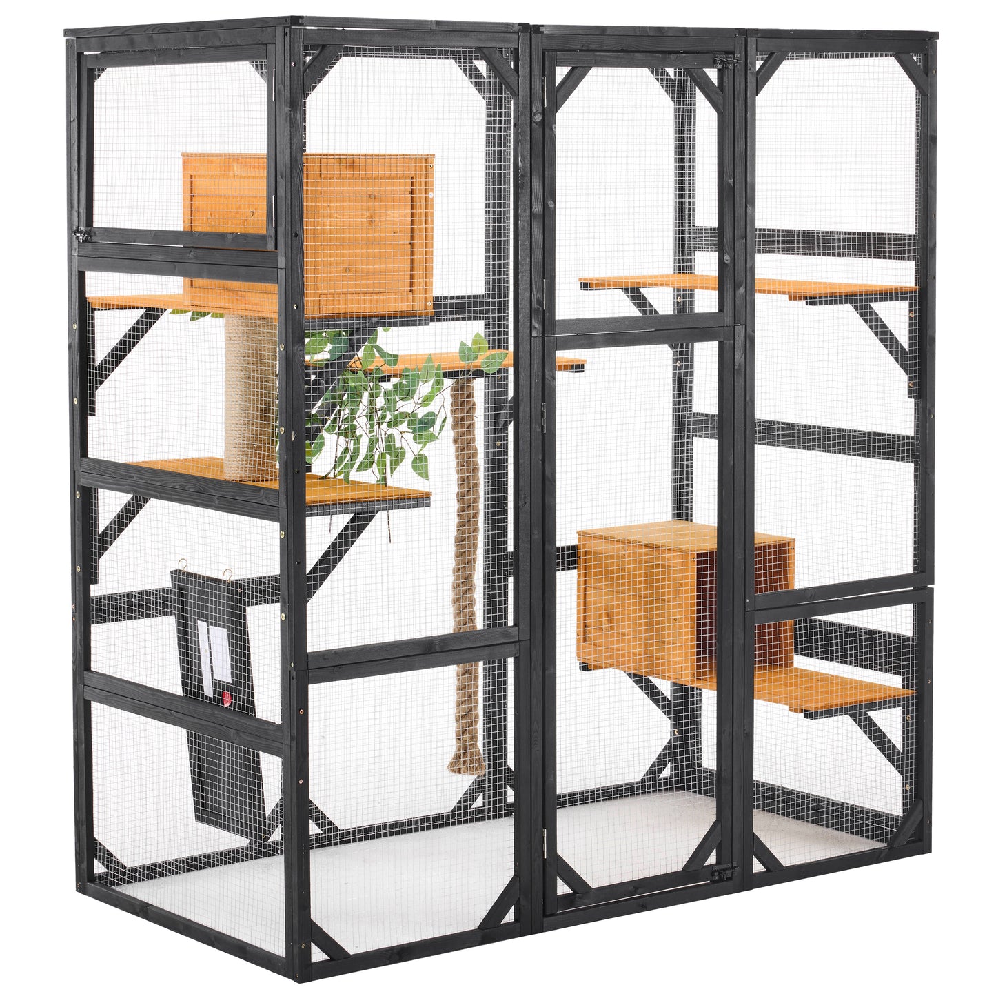 Outdoor Cat House, DIY Cat Enclosure, Cat Catio with Double Enter Doors, 62.8"L x 32.2"W x68.5"H Balcony Cat Playpen with Platforms and Two Condos for 1-3 Cats
