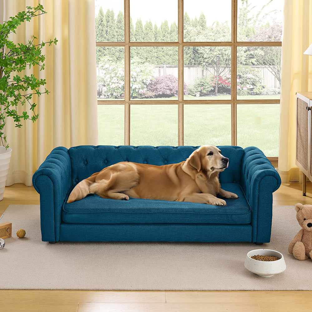 Elegant rectangular pet bed for big and oversized dogs, durable elevated dog sofa bed, comfortable dog sofa, modern and fashionable linen fabric dog sofa