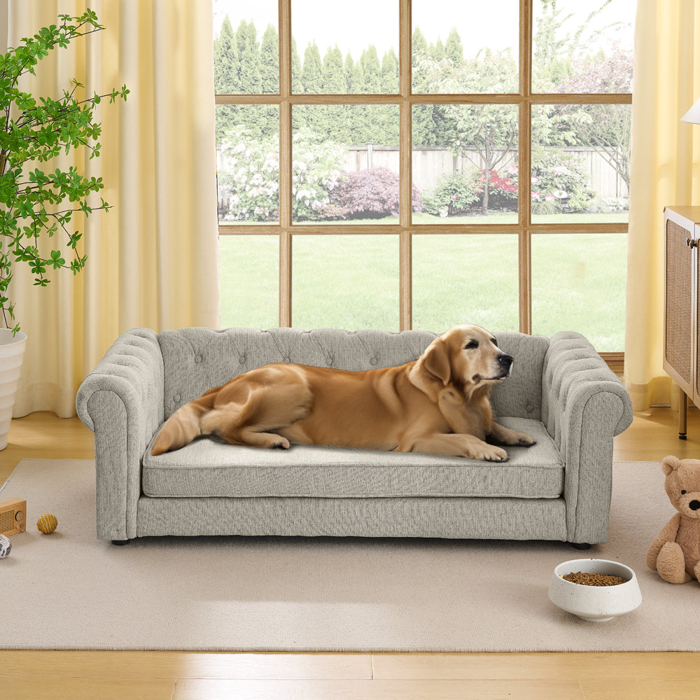 Elegant rectangular pet bed for big and oversized dogs, durable elevated dog sofa bed, comfortable dog sofa, modern and fashionable linen fabric dog sofa