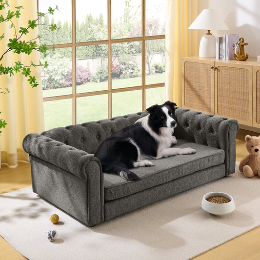 Elegant rectangular pet bed for big and oversized dogs, durable elevated dog sofa bed, comfortable dog sofa, modern and fashionable linen fabric dog sofa