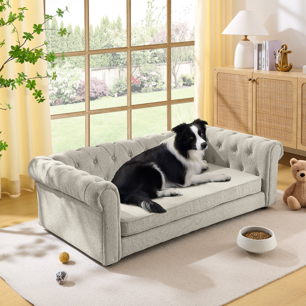 Elegant rectangular pet bed for big and oversized dogs, durable elevated dog sofa bed, comfortable dog sofa, modern and fashionable linen fabric dog sofa