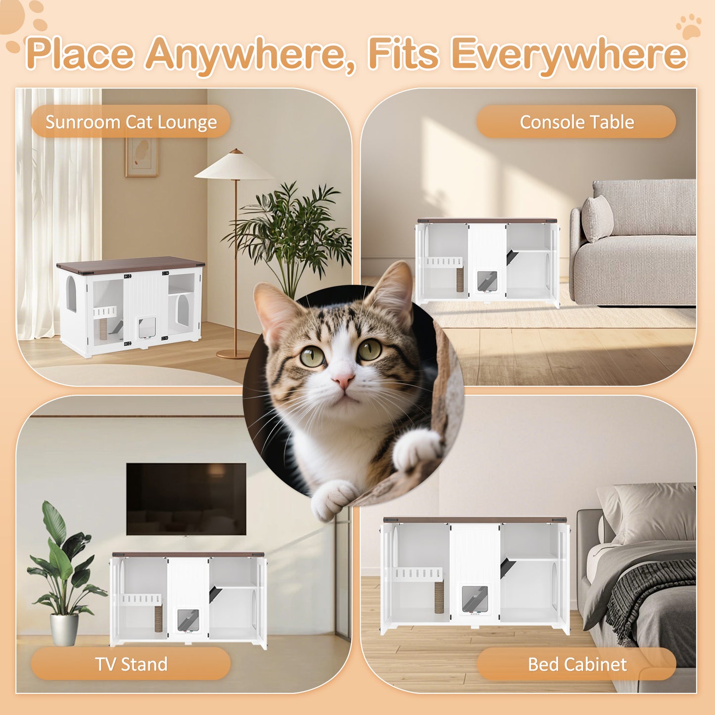 47.25" Large Cat Litter Box Enclosure with LED Light, Hidden Litter Box Furniture, Cat House with Stairs and Cat Scratching Post, Cat Cabinet Side Table with Smart Doors for Living Room