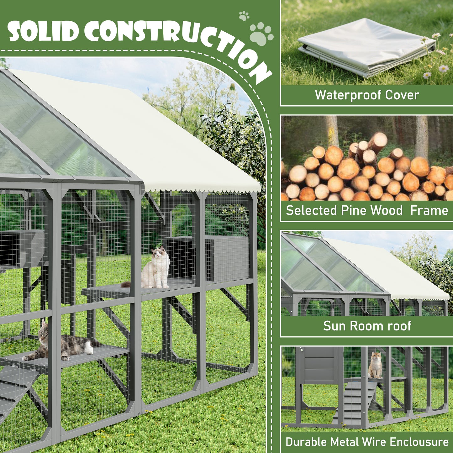 Large Catio Outdoor Cat Enclosure for Multiple Kittens, Wooden Cat House with 7 Platforms, 2 Resting Boxes, 1 Bridge and 1 Ramp, Walk in Kitty Cage Kennel with Sunshine Board Roof