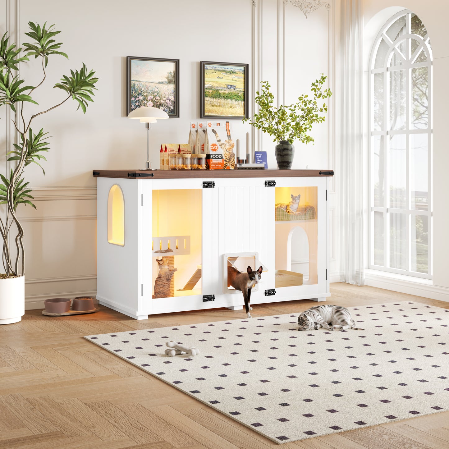 47.25" Large Cat Litter Box Enclosure with LED Light, Hidden Litter Box Furniture, Cat House with Stairs and Cat Scratching Post, Cat Cabinet Side Table with Smart Doors for Living Room