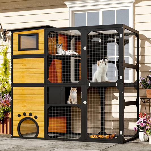 Large Cat Catio 4 Tiers Cat Enclosure for Outdoor, Cat House Weatherproof Attached to Window for Multiple Cats with Platforms and Resting Rooms