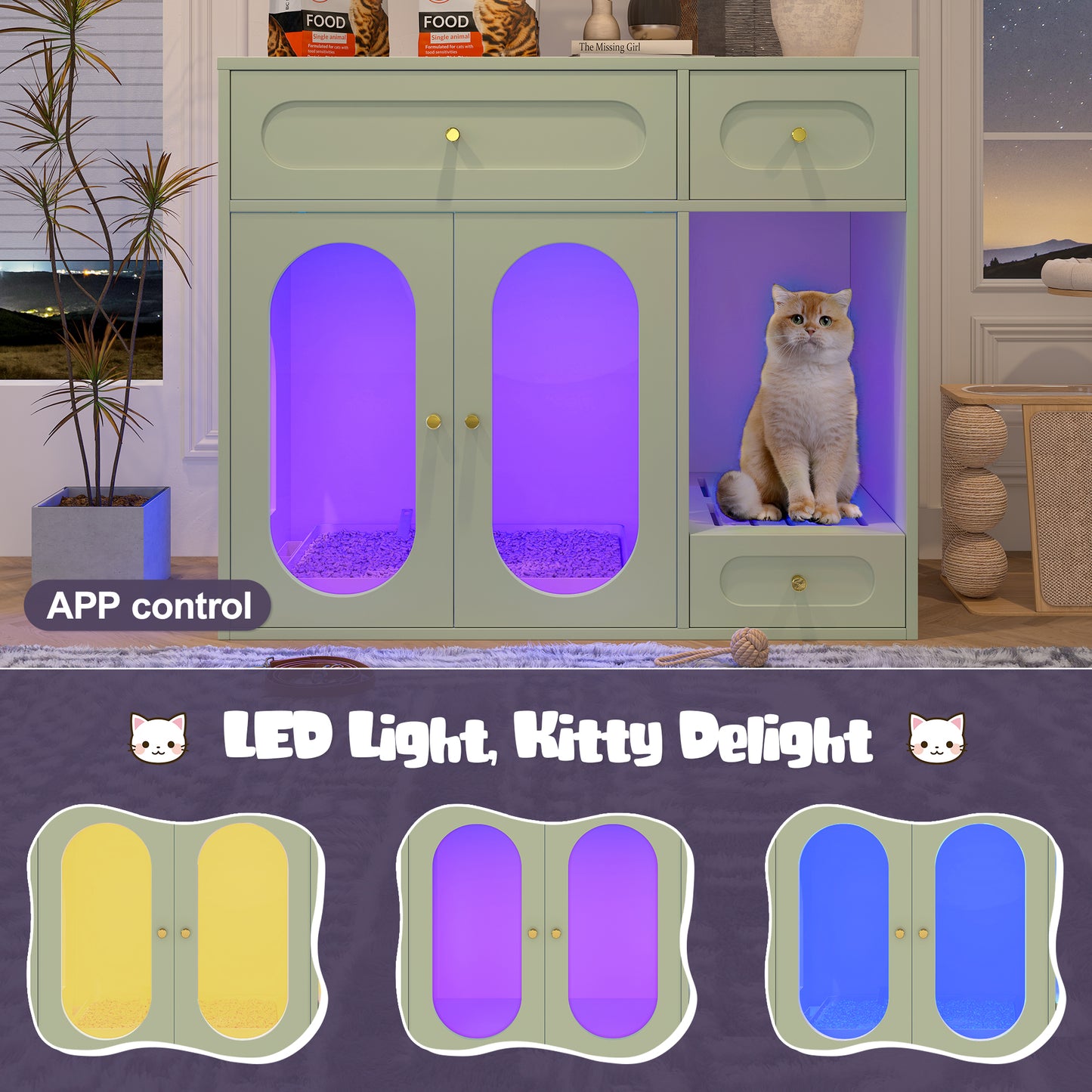 Cat Litter Box Enclosure with LED Light, Hidden Litter Box Furniture with Storage Drawers,Fit Most of Litter Box, Indoor Pet House with Acrylic Doors, End Table for Living Room