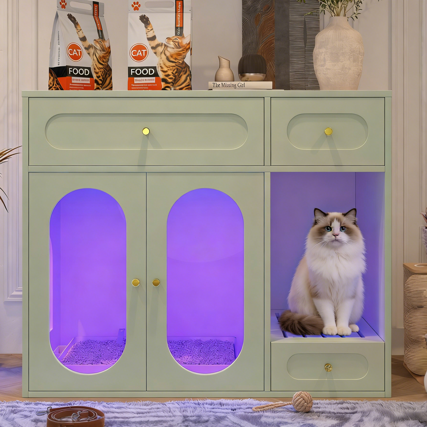 Cat Litter Box Enclosure with LED Light, Hidden Litter Box Furniture with Storage Drawers,Fit Most of Litter Box, Indoor Pet House with Acrylic Doors, End Table for Living Room