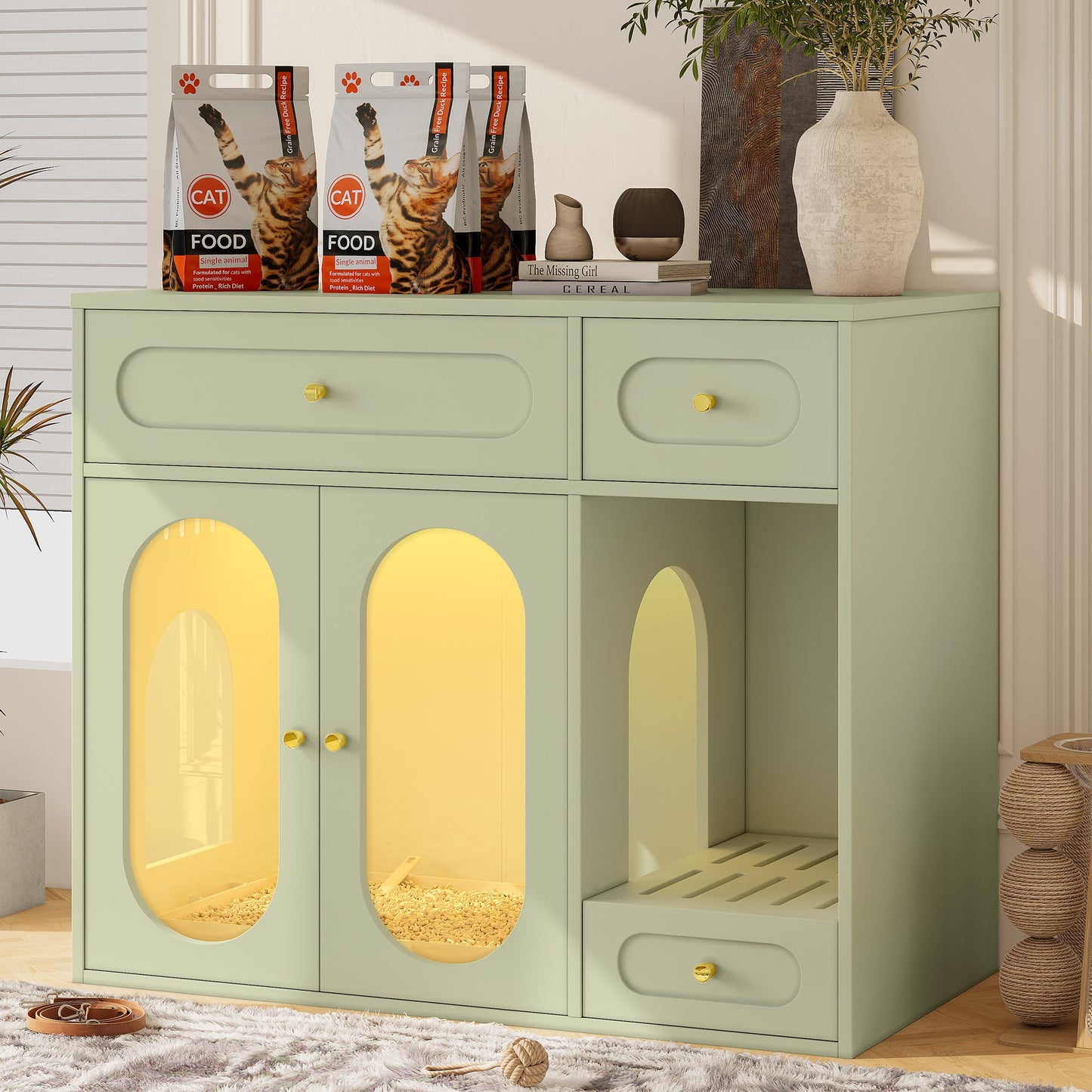 Cat Litter Box Enclosure with LED Light, Hidden Litter Box Furniture with Storage Drawers,Fit Most of Litter Box, Indoor Pet House with Acrylic Doors, End Table for Living Room