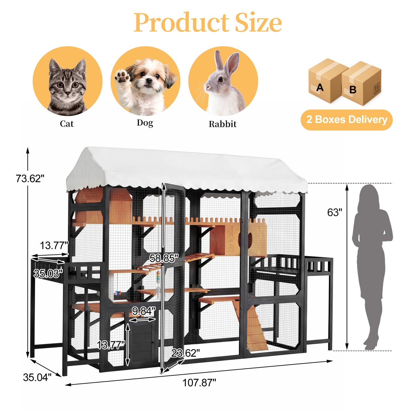 Large Outdoor Cat Enclosure Wooden Catio with 2 Plant Stands, Multi-Level Cat Playpen with Weather-Resistant Roof, Resting Box, Climbing Ramps & Wire Mesh for Backyard Patio