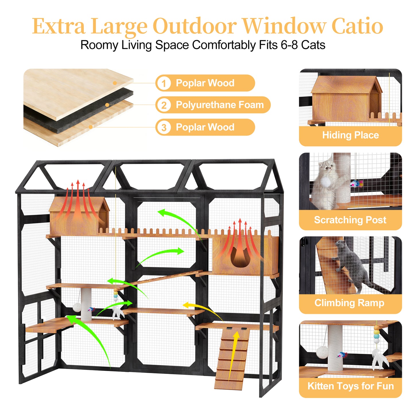 Large Outdoor Cat Enclosure Wooden Catio with 2 Plant Stands, Multi-Level Cat Playpen with Weather-Resistant Roof, Resting Box, Climbing Ramps & Wire Mesh for Backyard Patio