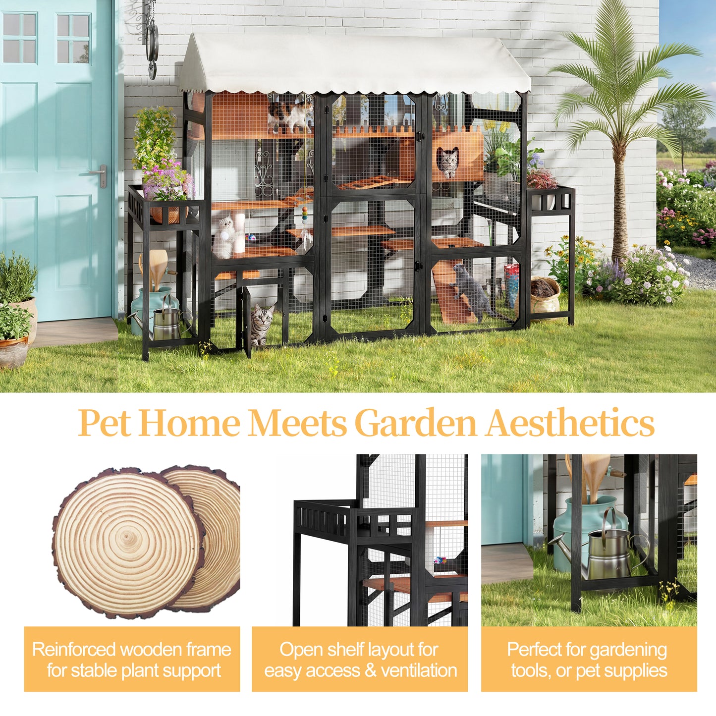 Large Outdoor Cat Enclosure Wooden Catio with 2 Plant Stands, Multi-Level Cat Playpen with Weather-Resistant Roof, Resting Box, Climbing Ramps & Wire Mesh for Backyard Patio
