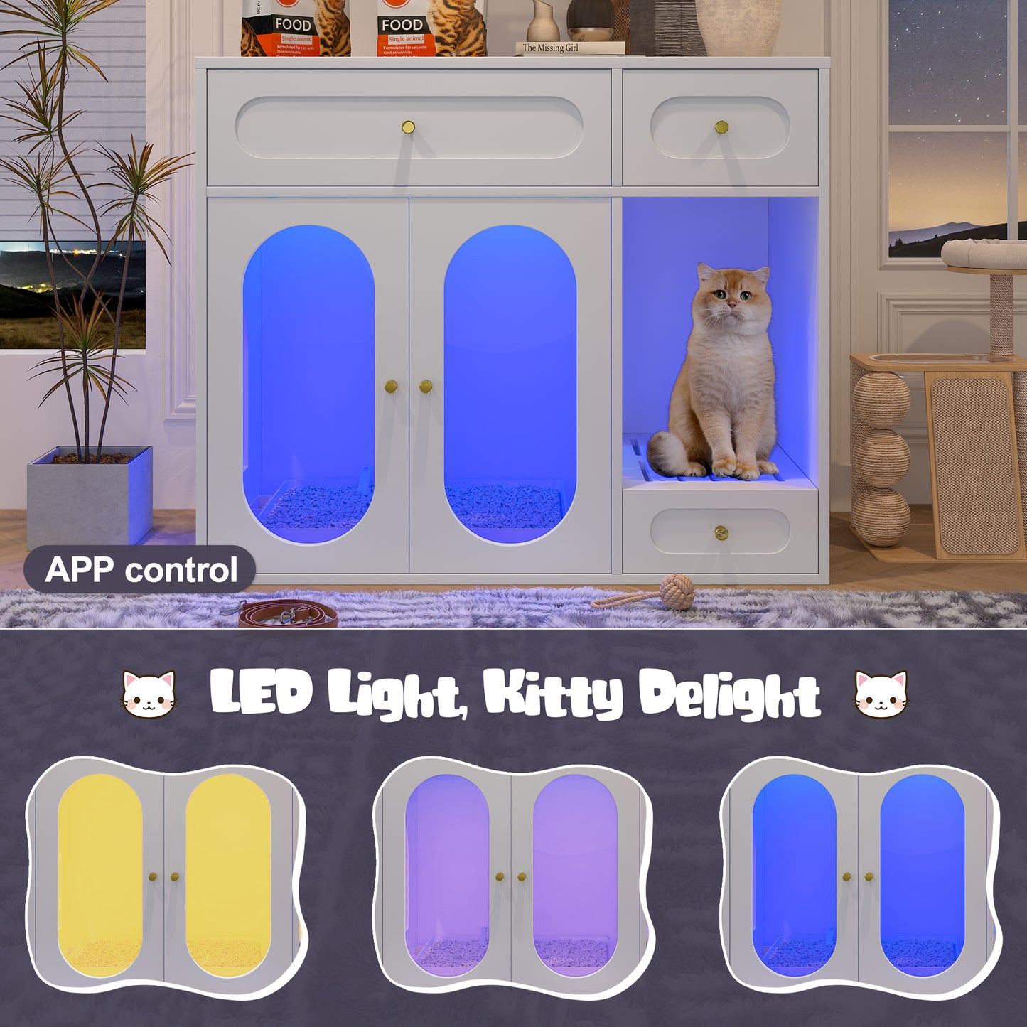 Cat Litter Box Enclosure with LED Light, Hidden Litter Box Furniture with Storage Drawers,Fit Most of Litter Box, Indoor Pet House with Acrylic Doors, End Table for Living Room