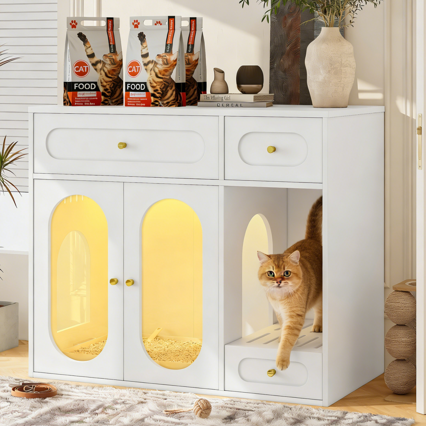 Cat Litter Box Enclosure with LED Light, Hidden Litter Box Furniture with Storage Drawers,Fit Most of Litter Box, Indoor Pet House with Acrylic Doors, End Table for Living Room