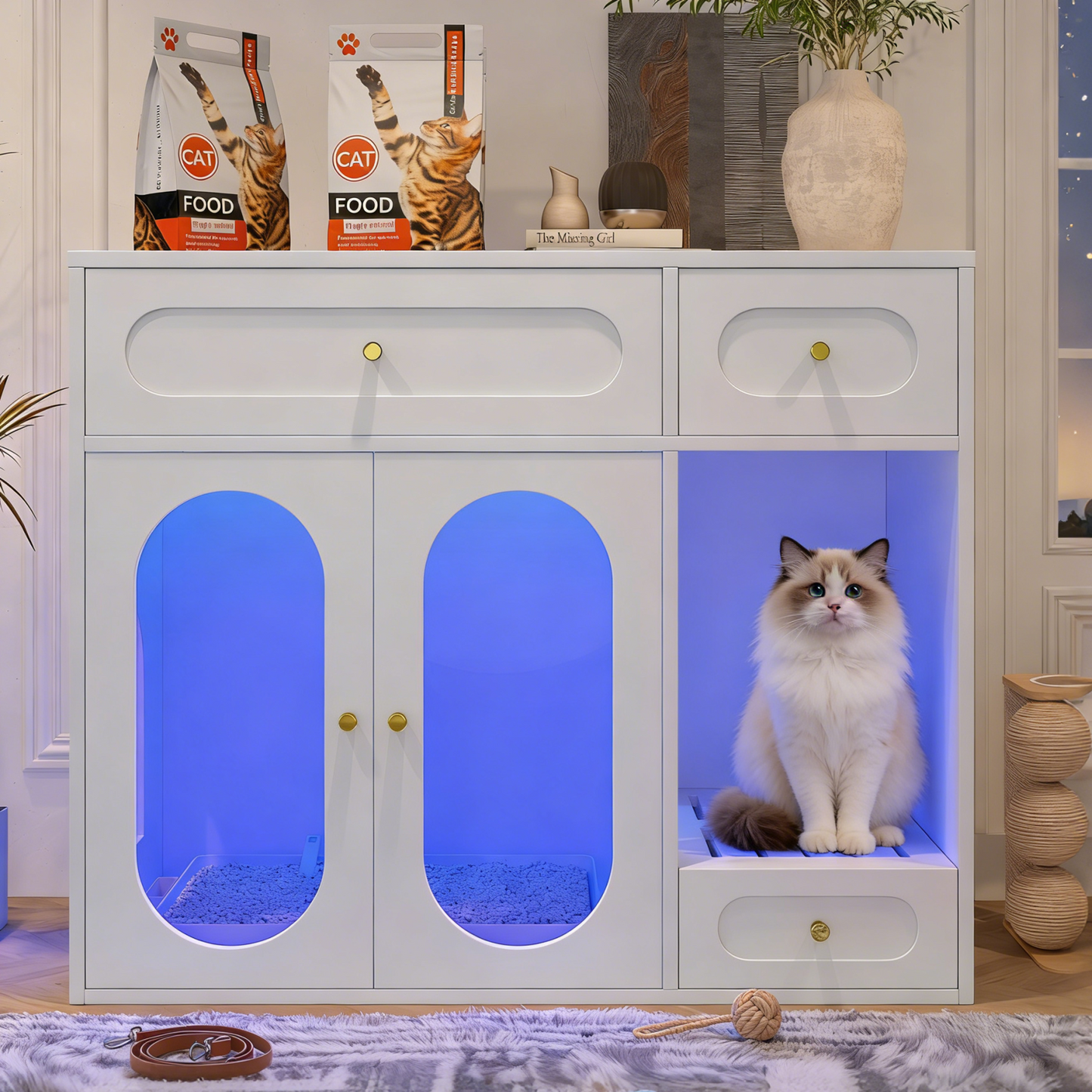 Cat Litter Box Enclosure with LED Light, Hidden Litter Box Furniture with Storage Drawers,Fit Most of Litter Box, Indoor Pet House with Acrylic Doors, End Table for Living Room