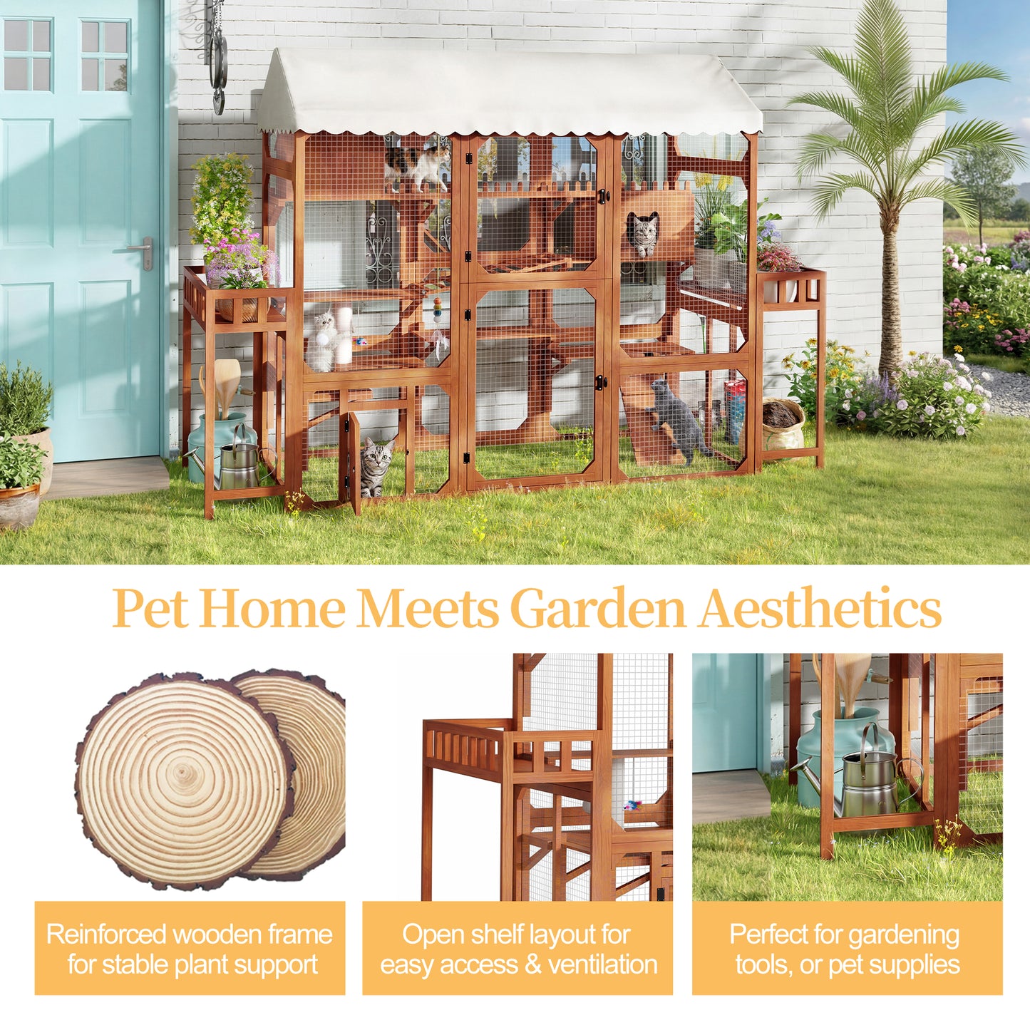 Large Outdoor Cat Enclosure Wooden Catio with 2 Plant Stands, Multi-Level Cat Playpen with Weather-Resistant Roof, Resting Box, Climbing Ramps & Wire Mesh for Backyard Patio