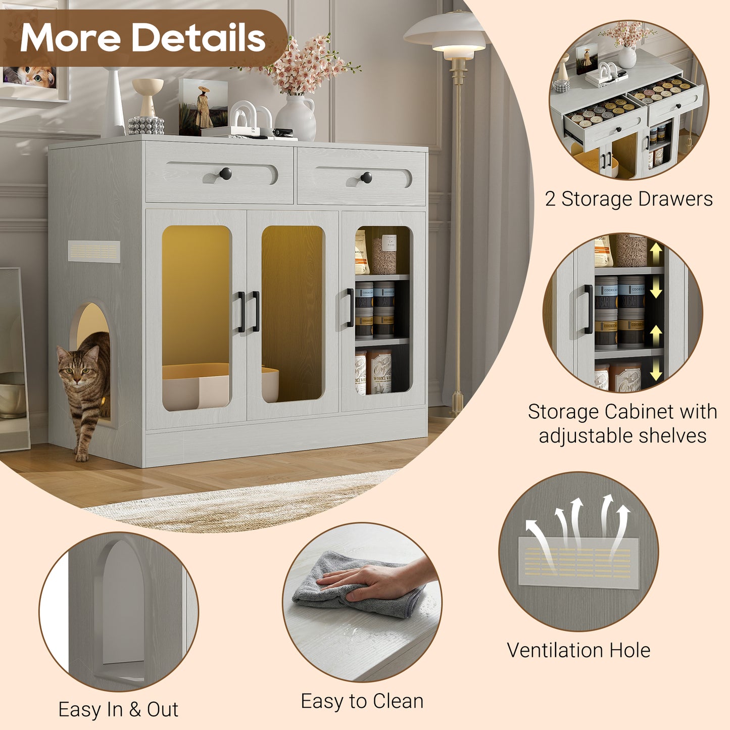 Cat Litter Box Enclosure, Large Hidden Kitty Cabinet with Glass Door, Side Access Door & Wood Grain Finish, Built-in Light and Storage Drawers, Indoor Cat House Side Table for Living Room