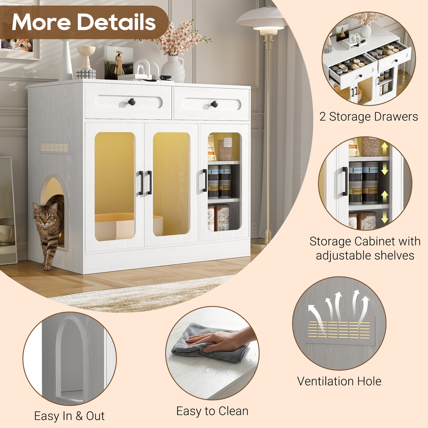 Cat Litter Box Enclosure, Large Hidden Kitty Cabinet with Glass Door, Side Access Door & Wood Grain Finish, Built-in Light and Storage Drawers, Indoor Cat House Side Table for Living Room