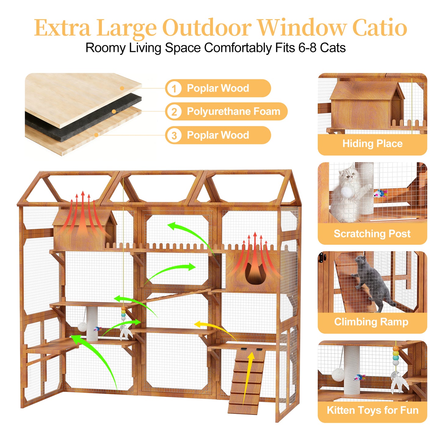 Large Outdoor Cat Enclosure Wooden Catio with 2 Plant Stands, Multi-Level Cat Playpen with Weather-Resistant Roof, Resting Box, Climbing Ramps & Wire Mesh for Backyard Patio