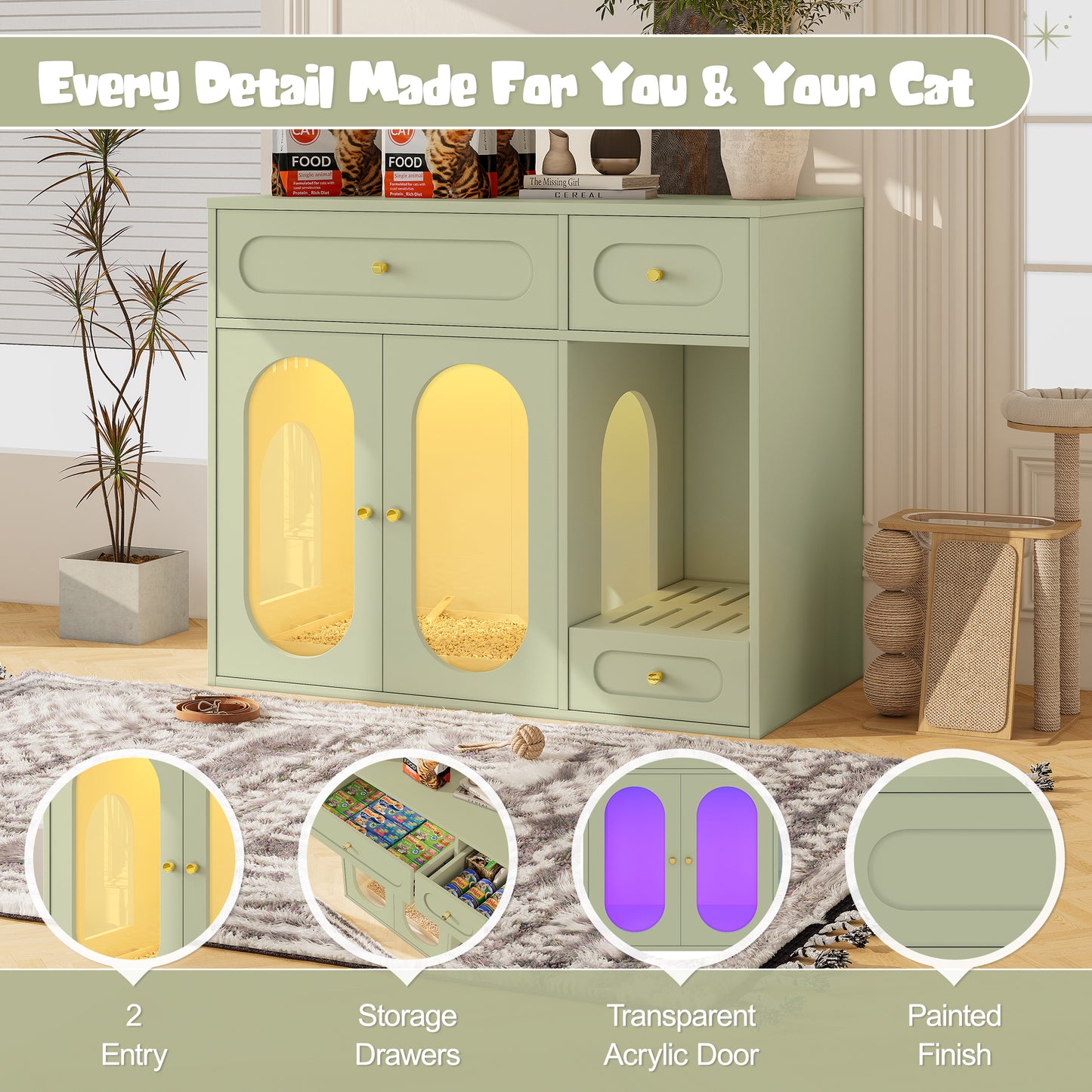 Cat Litter Box Enclosure with LED Light, Hidden Litter Box Furniture with Storage Drawers,Fit Most of Litter Box, Indoor Pet House with Acrylic Doors, End Table for Living Room