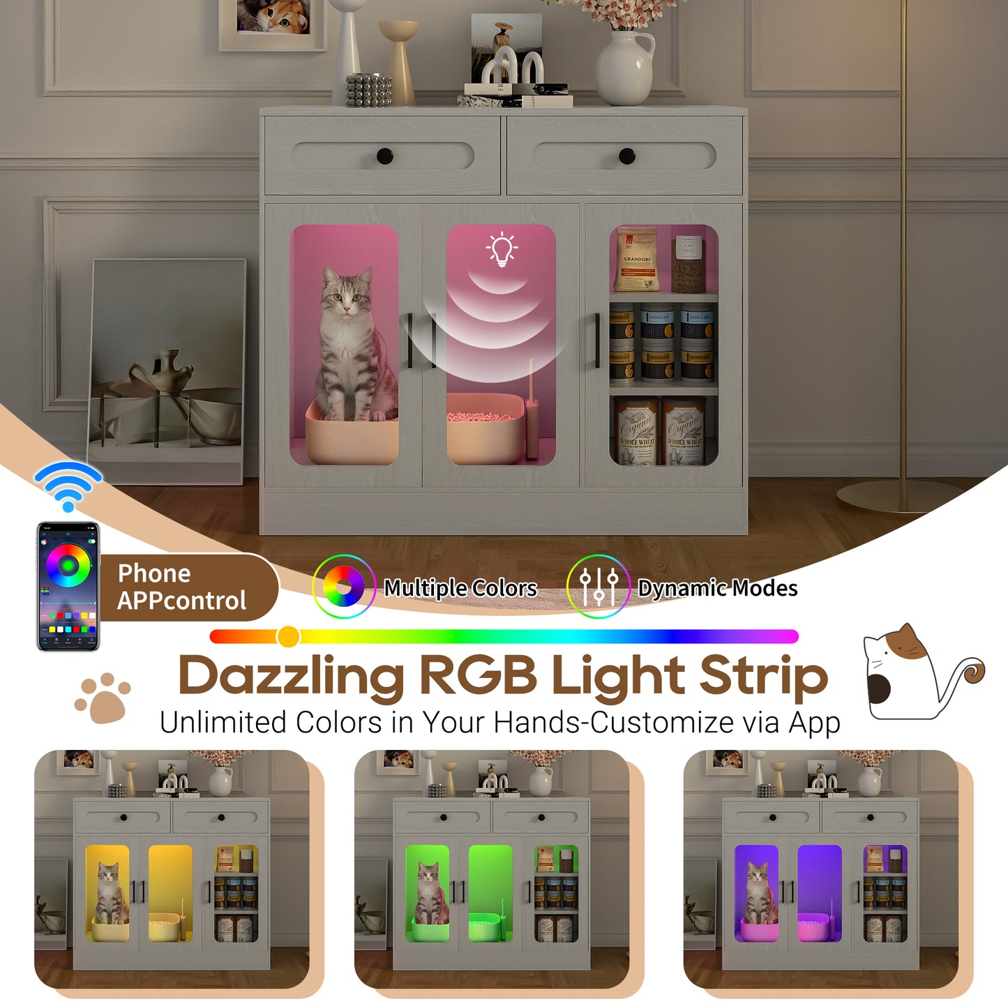 Cat Litter Box Enclosure, Large Hidden Kitty Cabinet with Glass Door, Side Access Door & Wood Grain Finish, Built-in Light and Storage Drawers, Indoor Cat House Side Table for Living Room