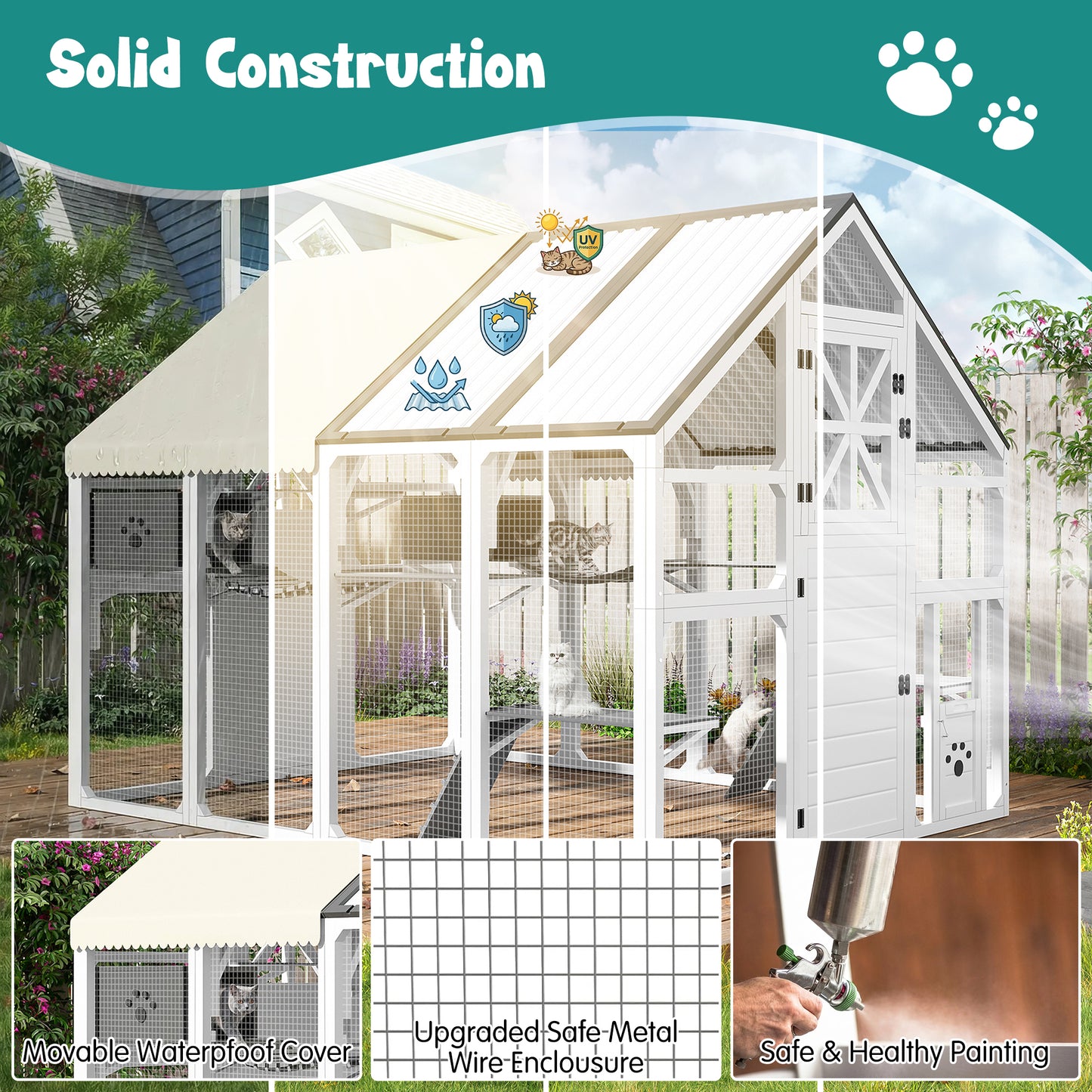 Extra Large Catio Outdoor Cat Enclosure, Walk-in Outdoor Pet House for Multiple Cats, Catio Cat Run Cage with Bridges, PVC Roof, Weatherproof Cover, 8 Platforms, 2 Resting Box