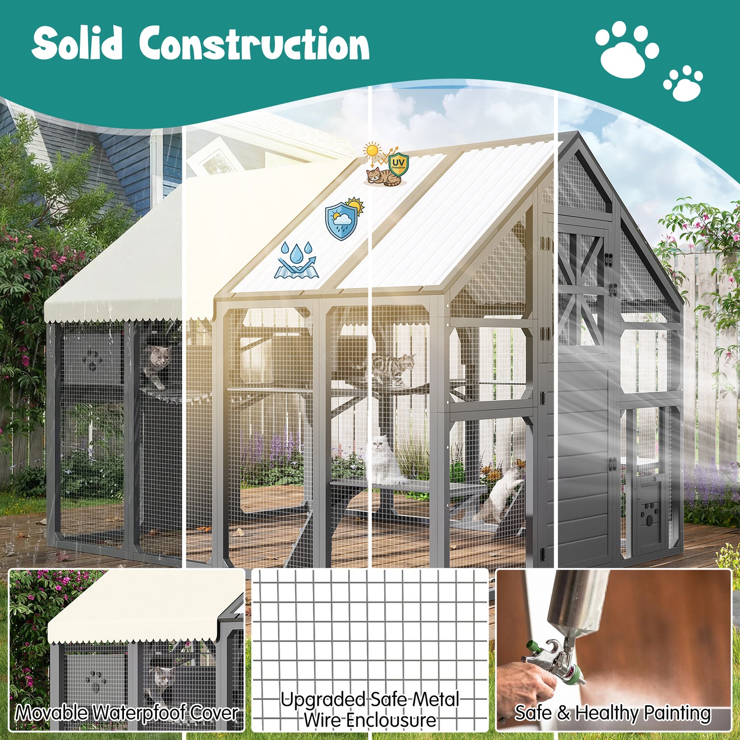 Extra Large Catio Outdoor Cat Enclosure, Walk-in Outdoor Pet House for Multiple Cats, Catio Cat Run Cage with Bridges, PVC Roof, Weatherproof Cover, 8 Platforms, 2 Resting Box