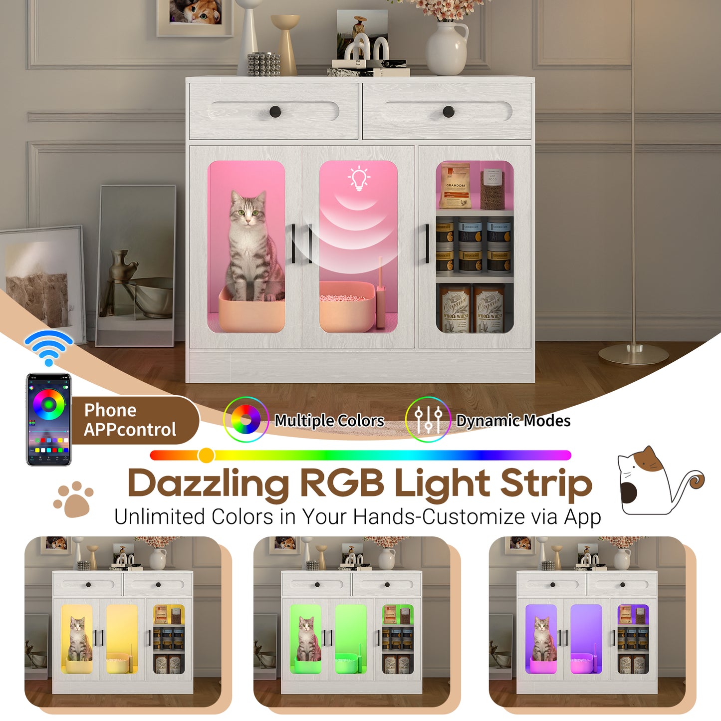 Cat Litter Box Enclosure, Large Hidden Kitty Cabinet with Glass Door, Side Access Door & Wood Grain Finish, Built-in Light and Storage Drawers, Indoor Cat House Side Table for Living Room