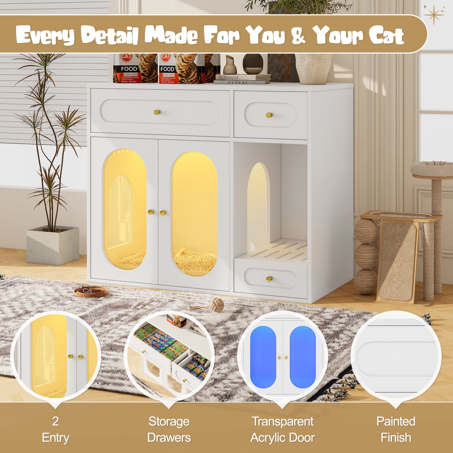 Cat Litter Box Enclosure with LED Light, Hidden Litter Box Furniture with Storage Drawers,Fit Most of Litter Box, Indoor Pet House with Acrylic Doors, End Table for Living Room