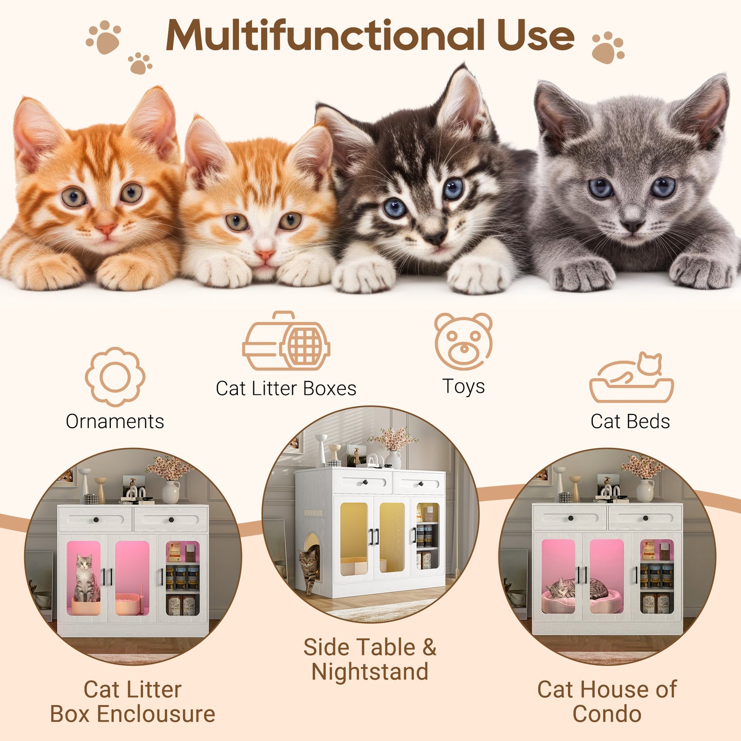 Cat Litter Box Enclosure, Large Hidden Kitty Cabinet with Glass Door, Side Access Door & Wood Grain Finish, Built-in Light and Storage Drawers, Indoor Cat House Side Table for Living Room