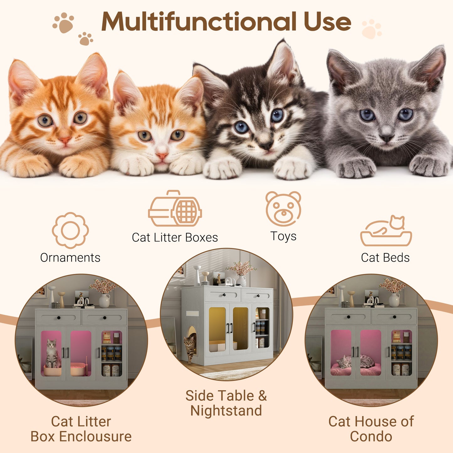 Cat Litter Box Enclosure, Large Hidden Kitty Cabinet with Glass Door, Side Access Door & Wood Grain Finish, Built-in Light and Storage Drawers, Indoor Cat House Side Table for Living Room