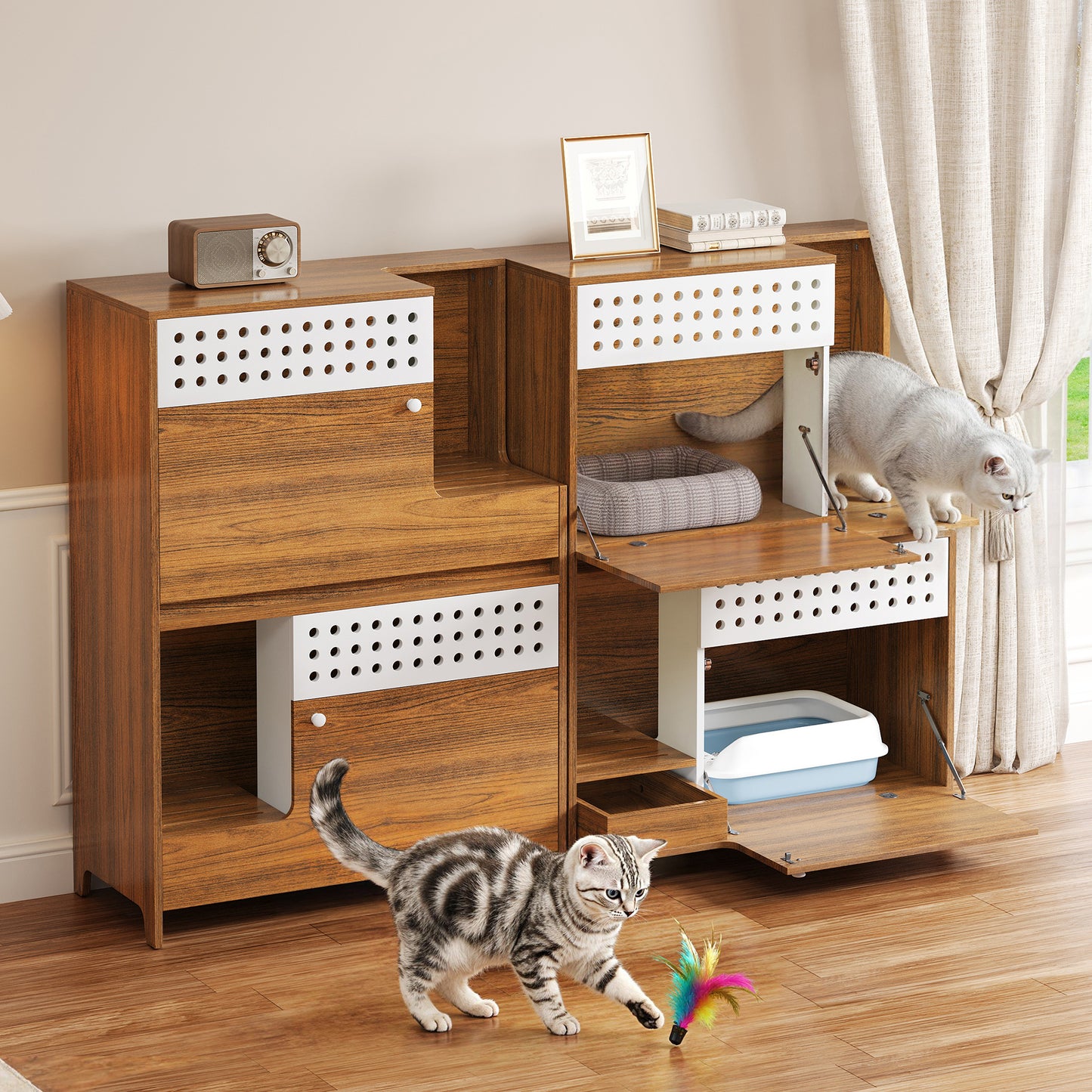Modern 2 IN 1 Cat Furniture, Cat Litter Box Enclosure Side Table, Cat House with Storage, for 2 Small-Medium Sized Cats