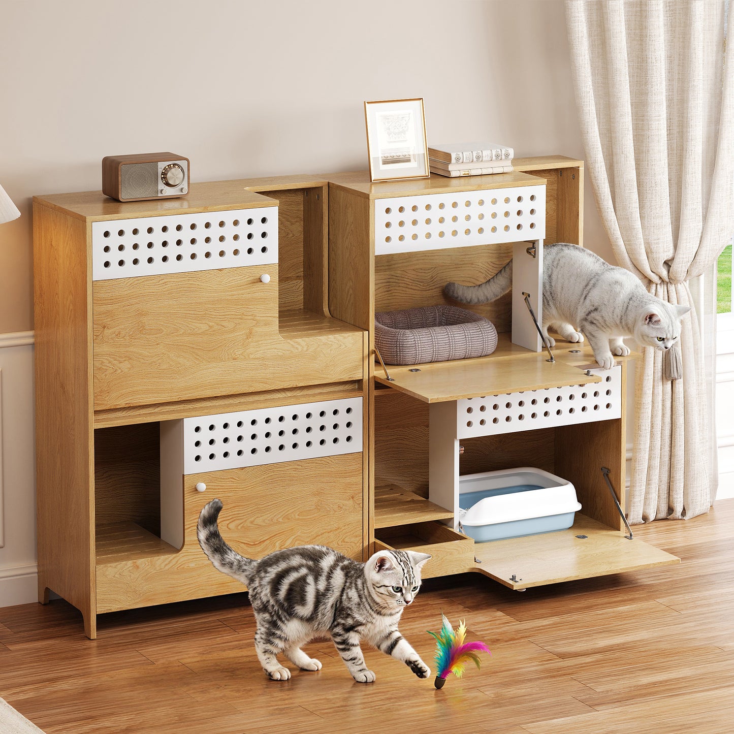 Modern 2 IN 1 Cat Furniture, Cat Litter Box Enclosure Side Table, Cat House with Storage, for 2 Small-Medium Sized Cats