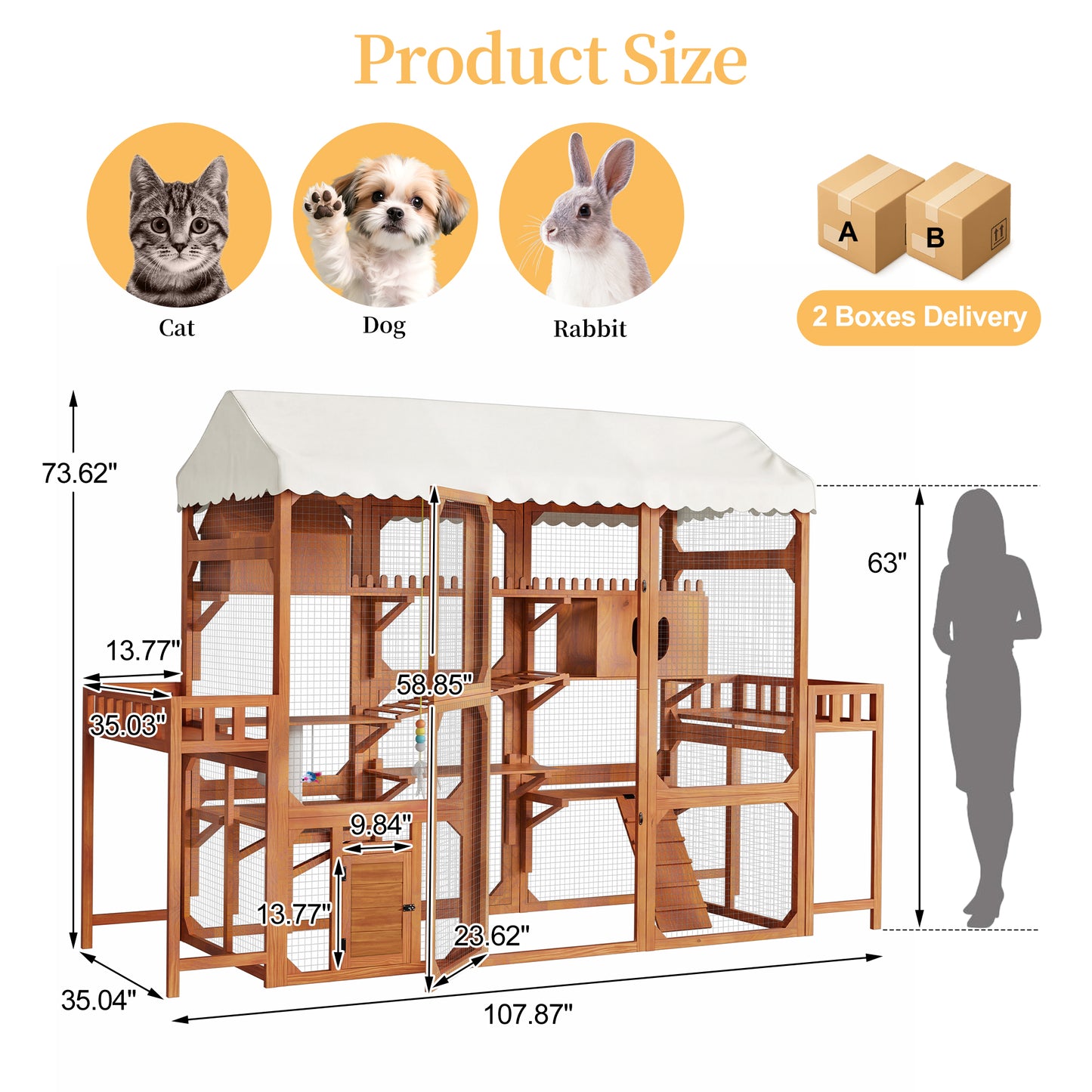 Large Outdoor Cat Enclosure Wooden Catio with 2 Plant Stands, Multi-Level Cat Playpen with Weather-Resistant Roof, Resting Box, Climbing Ramps & Wire Mesh for Backyard Patio