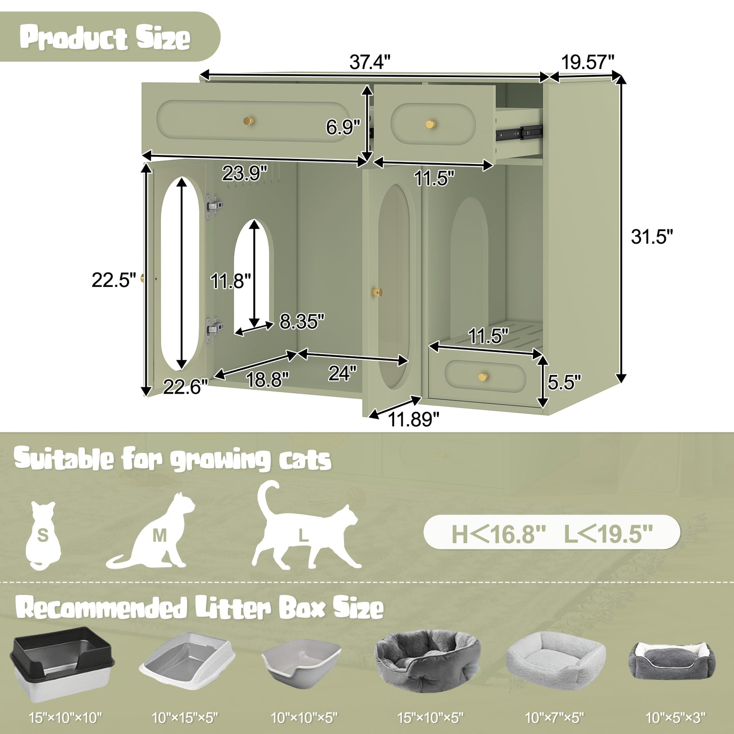 Cat Litter Box Enclosure with LED Light, Hidden Litter Box Furniture with Storage Drawers,Fit Most of Litter Box, Indoor Pet House with Acrylic Doors, End Table for Living Room