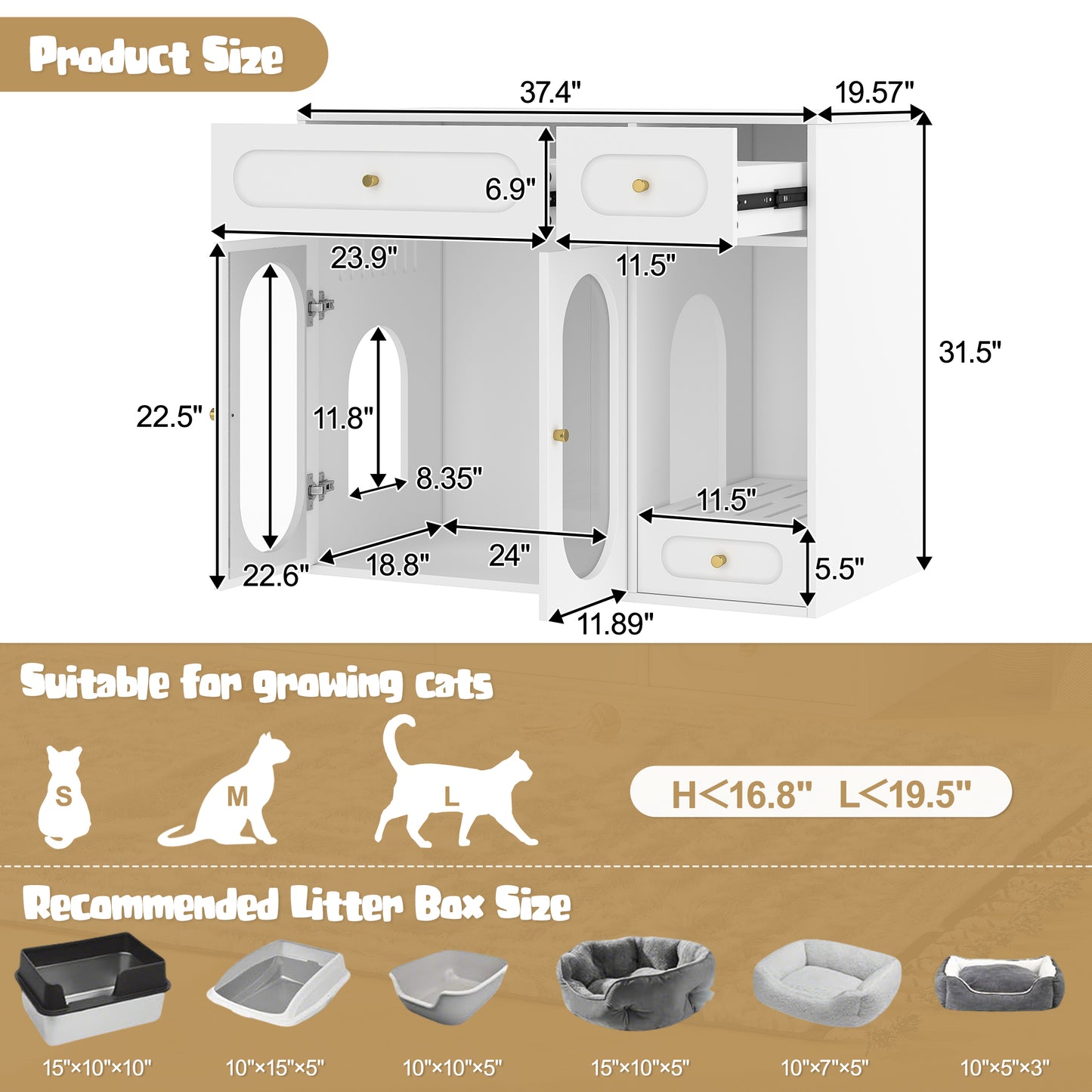 Cat Litter Box Enclosure with LED Light, Hidden Litter Box Furniture with Storage Drawers,Fit Most of Litter Box, Indoor Pet House with Acrylic Doors, End Table for Living Room