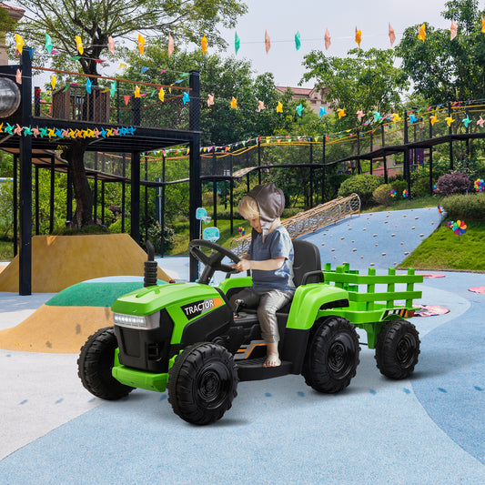 Cfowner 12V Battery-Powered Toy Tractor with Trailer and 35W Dual Motors, 3-Gear-Shift Ground Loader Ride On with LED Lights and USB & Bluetooth Audio Functions