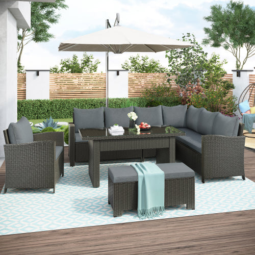 Patio Furniture Set, 6 Piece Outdoor Conversation Set, Dining Table Chair with Bench and Cushions
