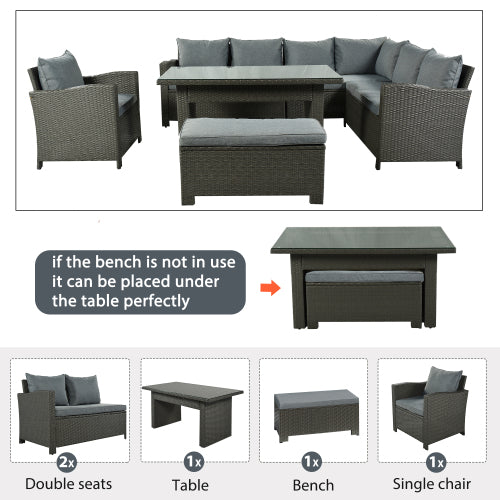 Patio Furniture Set, 6 Piece Outdoor Conversation Set, Dining Table Chair with Bench and Cushions