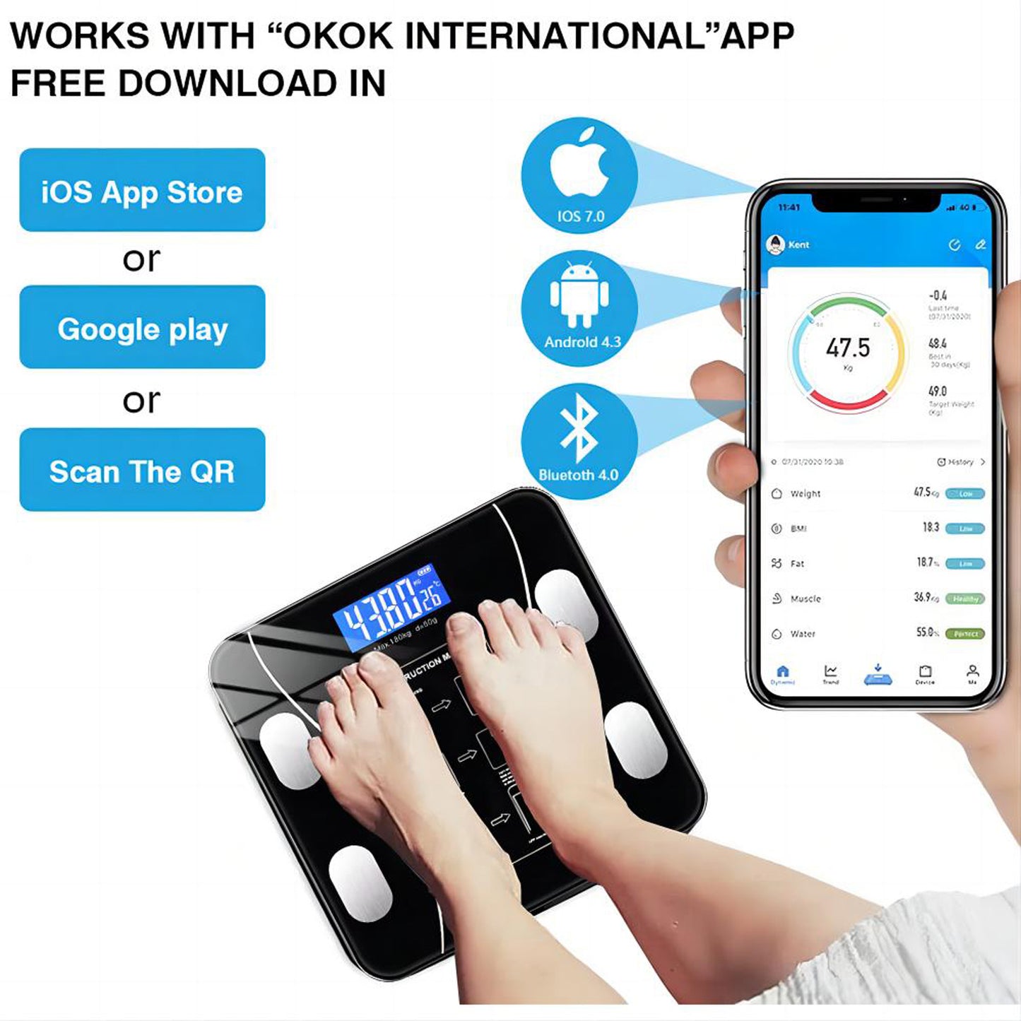 Cfowner Bluetooth Smart Bathroom Scales for Body, Weight Digital Scale Body Fat BMI Scale, Auto Body Composition Analyzer with Smartphone APP, Fitness Weight Loss Scale Health Monitor